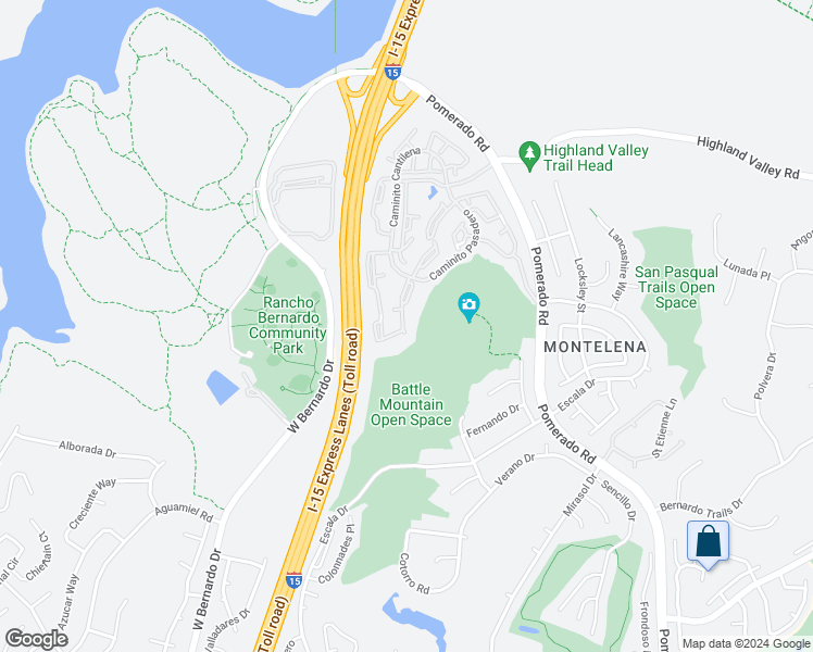 map of restaurants, bars, coffee shops, grocery stores, and more near 18515 Caminito Pasadero in San Diego