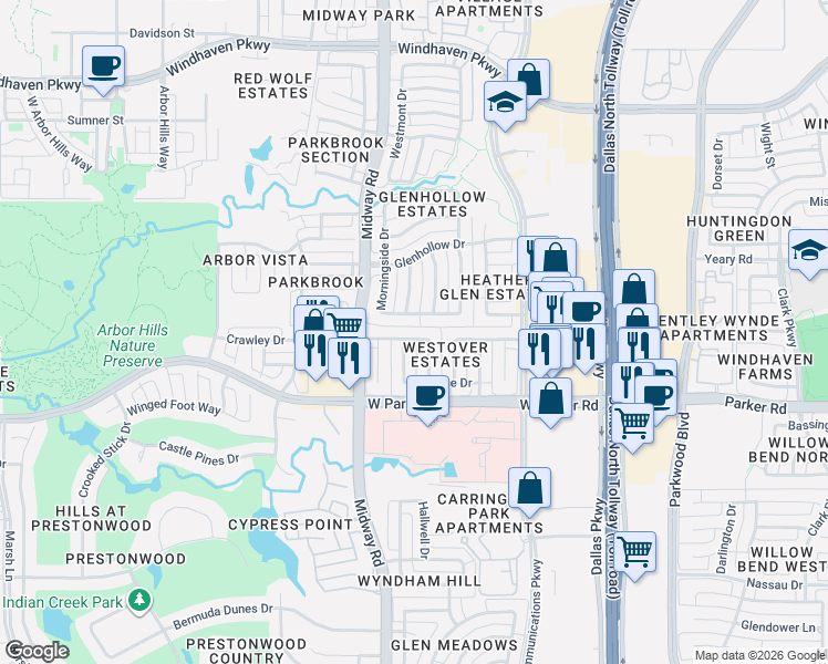map of restaurants, bars, coffee shops, grocery stores, and more near 6324 Brimwood Drive in Plano