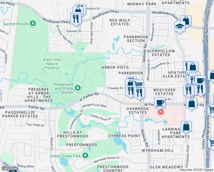map of restaurants, bars, coffee shops, grocery stores, and more near 6621 Crawley Drive in Plano