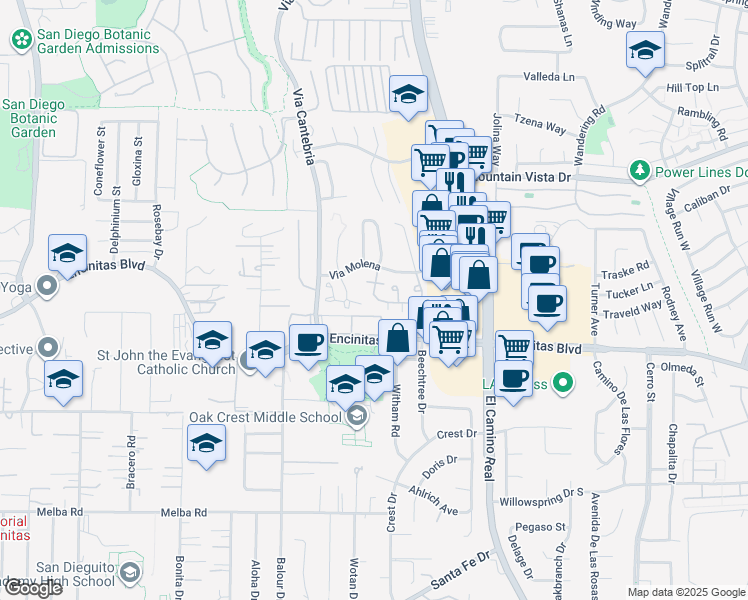 map of restaurants, bars, coffee shops, grocery stores, and more near 1319 Via Terrassa in Encinitas