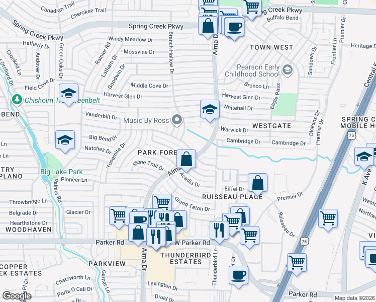 map of restaurants, bars, coffee shops, grocery stores, and more near 916 Cross Bend Road in Plano
