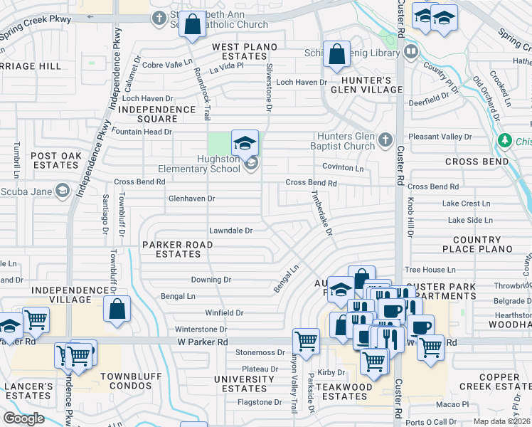 map of restaurants, bars, coffee shops, grocery stores, and more near 3805 Torrey Manor in Plano