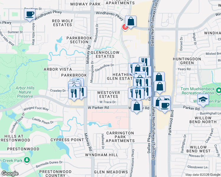 map of restaurants, bars, coffee shops, grocery stores, and more near 6300 Brimwood Drive in Plano