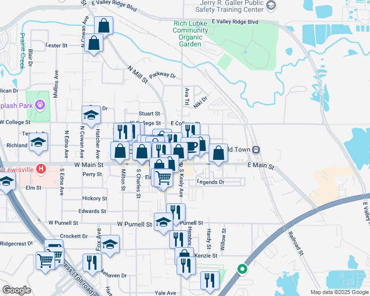 map of restaurants, bars, coffee shops, grocery stores, and more near 137 East Walters Street in Lewisville