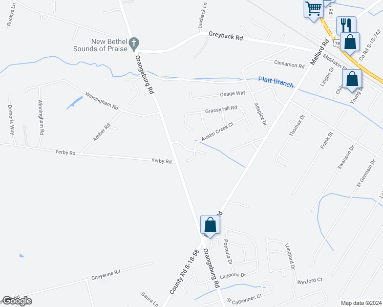map of restaurants, bars, coffee shops, grocery stores, and more near 250 Austin Creek Court in Summerville