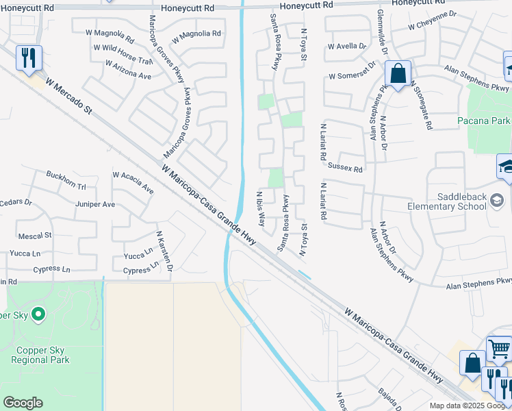 map of restaurants, bars, coffee shops, grocery stores, and more near 18484 North Ibis Way in Maricopa