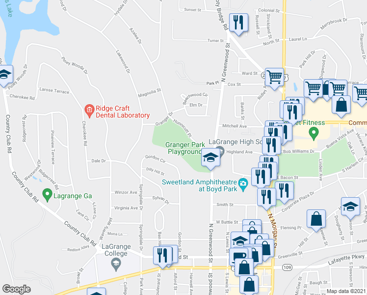 map of restaurants, bars, coffee shops, grocery stores, and more near 100 Hunnicutt Place in LaGrange