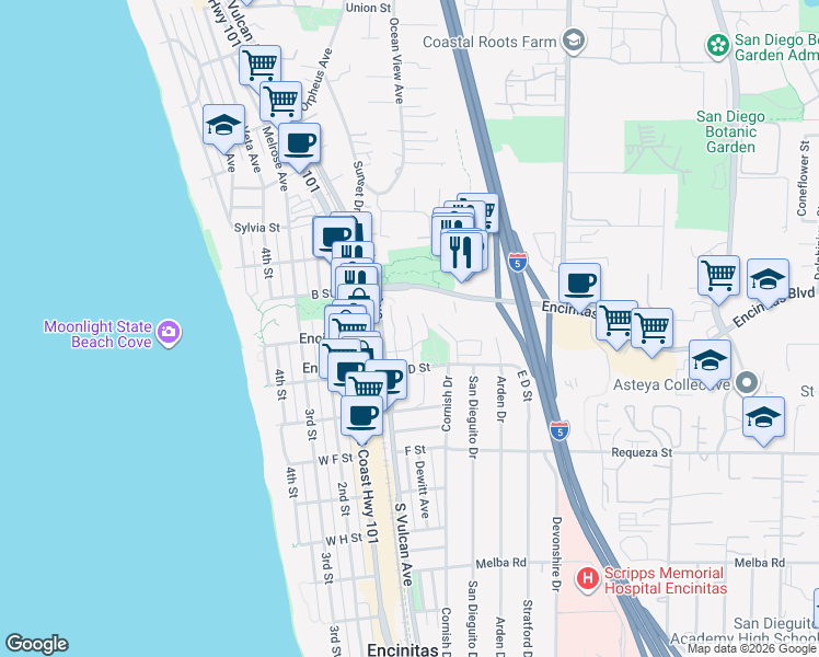 map of restaurants, bars, coffee shops, grocery stores, and more near 352 Paseo Pacifica in Encinitas