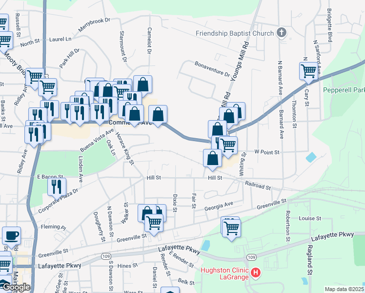 map of restaurants, bars, coffee shops, grocery stores, and more near 302 Commerce Avenue in LaGrange