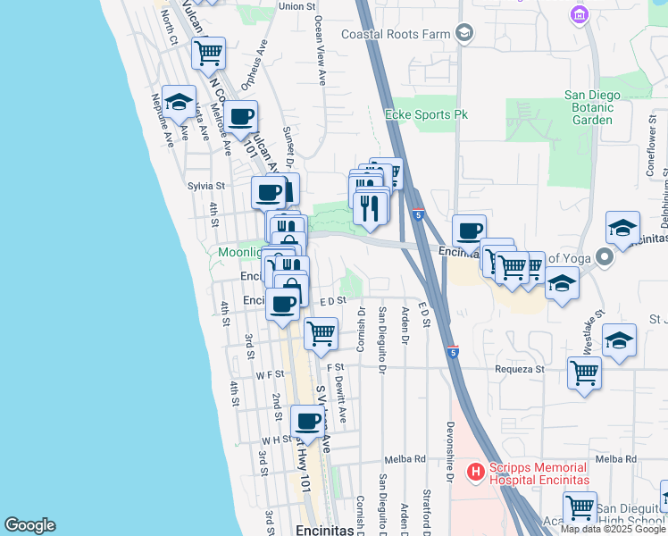 map of restaurants, bars, coffee shops, grocery stores, and more near 332 Paseo Pacifica in Encinitas