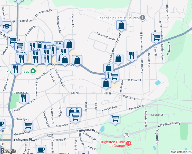 map of restaurants, bars, coffee shops, grocery stores, and more near 308 Commerce Avenue in LaGrange