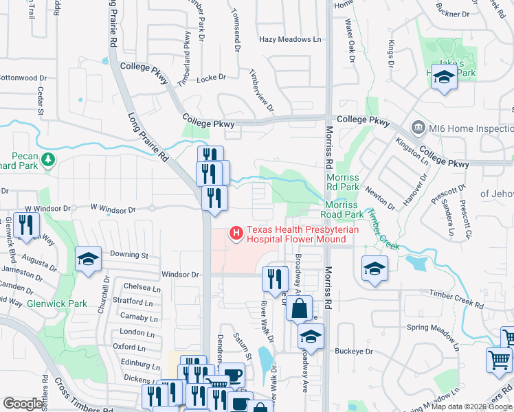 map of restaurants, bars, coffee shops, grocery stores, and more near 2437 Springhill Avenue in Flower Mound