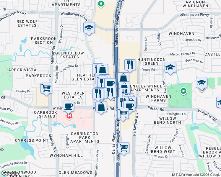 map of restaurants, bars, coffee shops, grocery stores, and more near 3951 Dallas Parkway in Plano