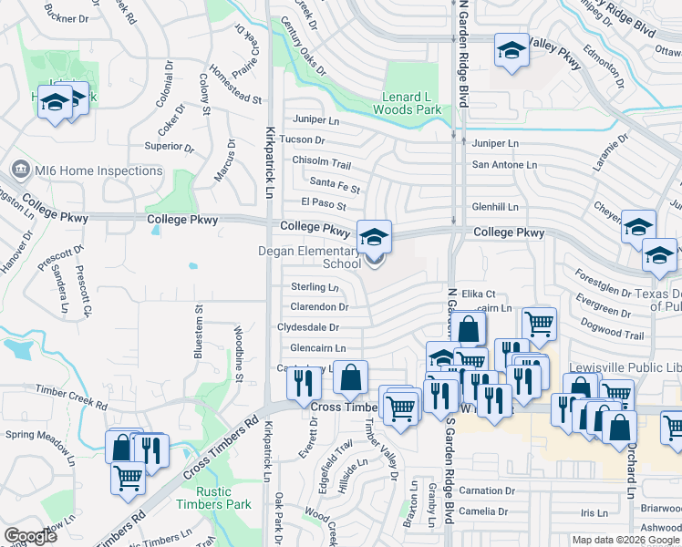 map of restaurants, bars, coffee shops, grocery stores, and more near 585 Julia Court in Lewisville