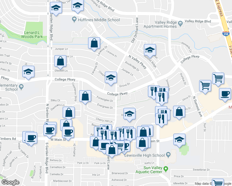 map of restaurants, bars, coffee shops, grocery stores, and more near 412 North Old Orchard Lane in Lewisville