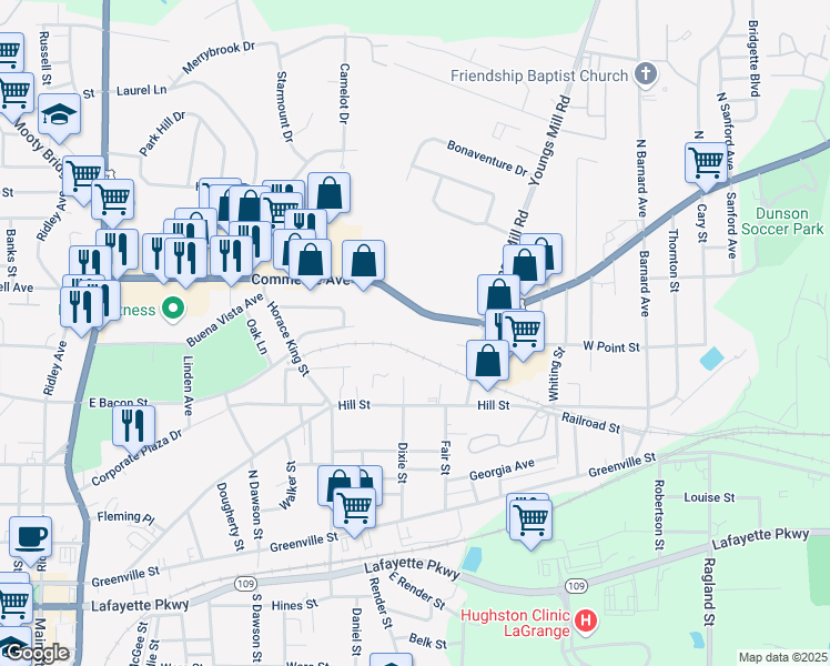 map of restaurants, bars, coffee shops, grocery stores, and more near 300 Commerce Avenue in LaGrange