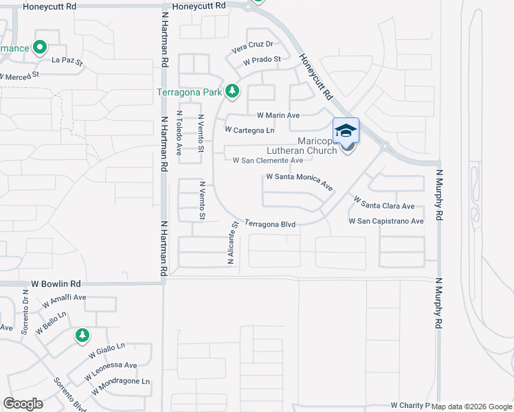 map of restaurants, bars, coffee shops, grocery stores, and more near 36113 West Santa Barbara Avenue in Maricopa