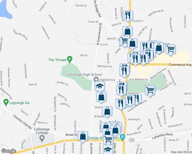 map of restaurants, bars, coffee shops, grocery stores, and more near 602 North Greenwood Street in LaGrange