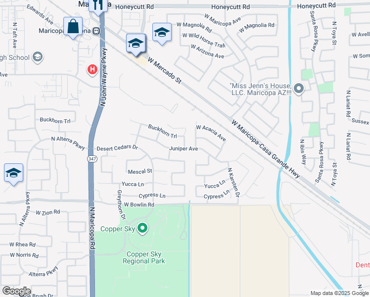 map of restaurants, bars, coffee shops, grocery stores, and more near 18493 North Larkspur Drive in Maricopa