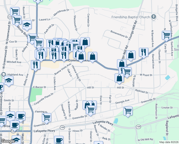 map of restaurants, bars, coffee shops, grocery stores, and more near 224 Commerce Avenue in LaGrange