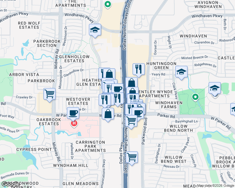 map of restaurants, bars, coffee shops, grocery stores, and more near 3305-3645 Dallas Parkway in Plano