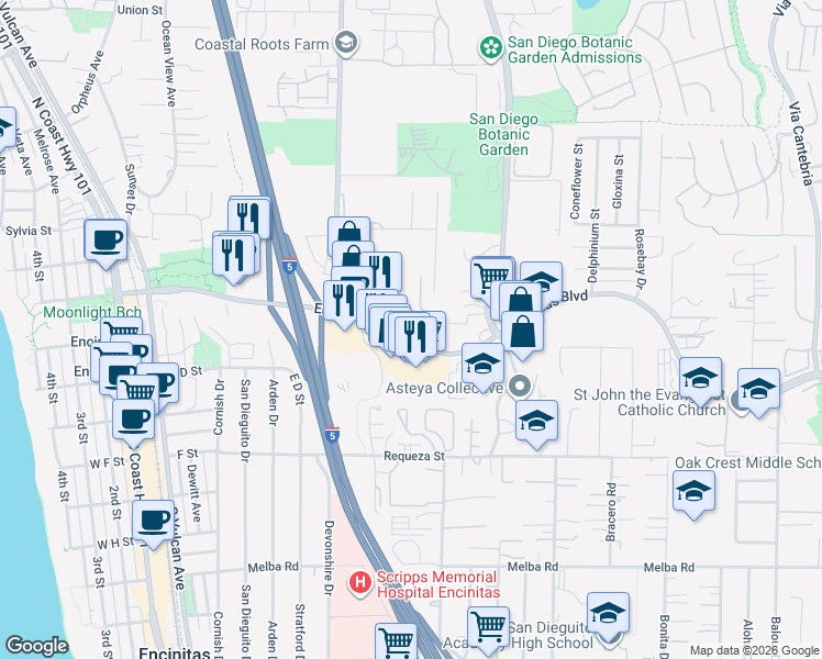 map of restaurants, bars, coffee shops, grocery stores, and more near 116 Quail Drive in Encinitas