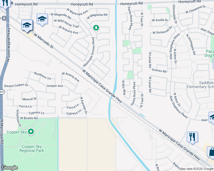 map of restaurants, bars, coffee shops, grocery stores, and more near 43224 West Cowpath Road in Maricopa