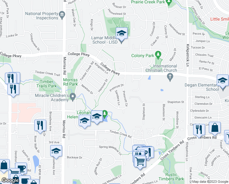 map of restaurants, bars, coffee shops, grocery stores, and more near 4617 Sandera Lane in Flower Mound