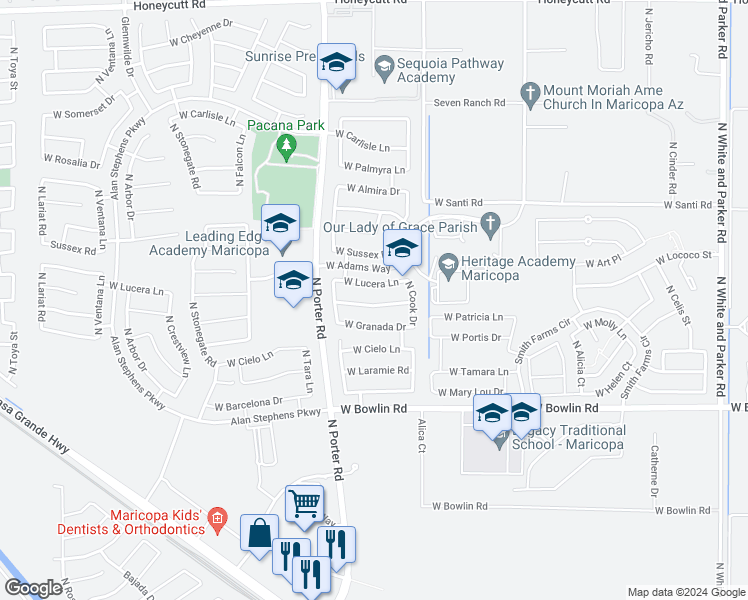 map of restaurants, bars, coffee shops, grocery stores, and more near 41296 West Capistrano Drive in Maricopa