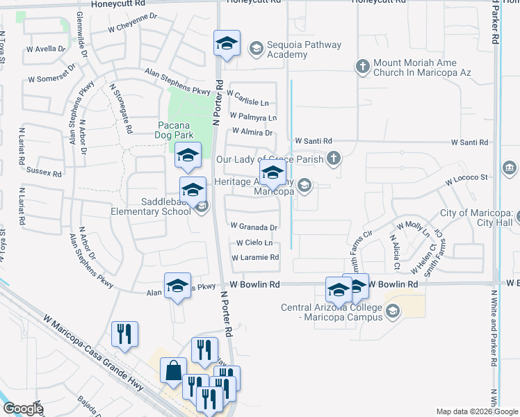 map of restaurants, bars, coffee shops, grocery stores, and more near 41261 West Lucera Lane in Maricopa