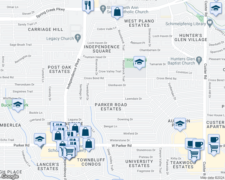 map of restaurants, bars, coffee shops, grocery stores, and more near 2721 Deep Valley Trail in Plano