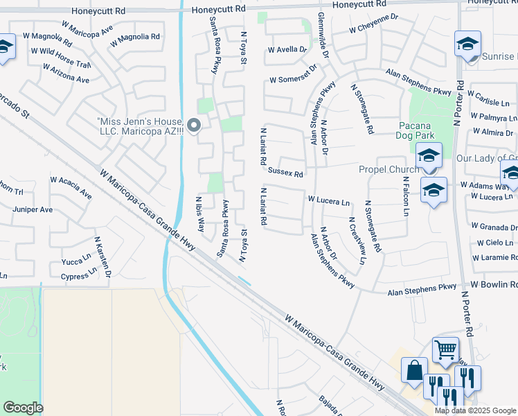 map of restaurants, bars, coffee shops, grocery stores, and more near 18492 North Lariat Road in Maricopa