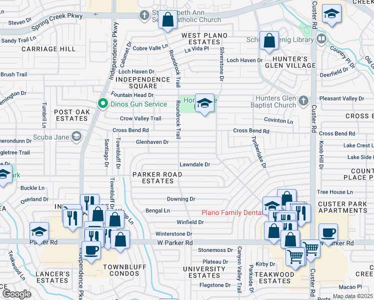 map of restaurants, bars, coffee shops, grocery stores, and more near 2616 Glenhaven Drive in Plano