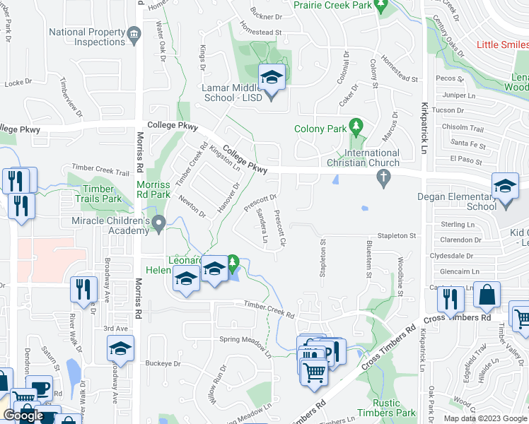 map of restaurants, bars, coffee shops, grocery stores, and more near 4616 Sandera Lane in Flower Mound