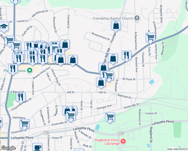 map of restaurants, bars, coffee shops, grocery stores, and more near 308 Commerce Avenue in LaGrange