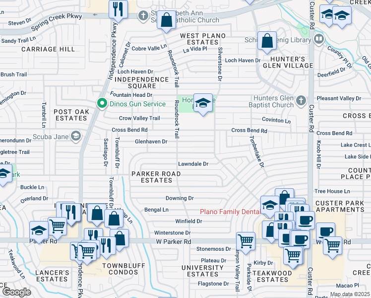 map of restaurants, bars, coffee shops, grocery stores, and more near 2616 Glenhaven Drive in Plano