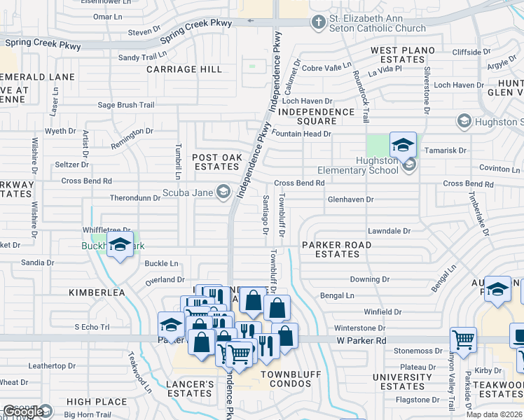 map of restaurants, bars, coffee shops, grocery stores, and more near 3016 Tahoe Place in Plano