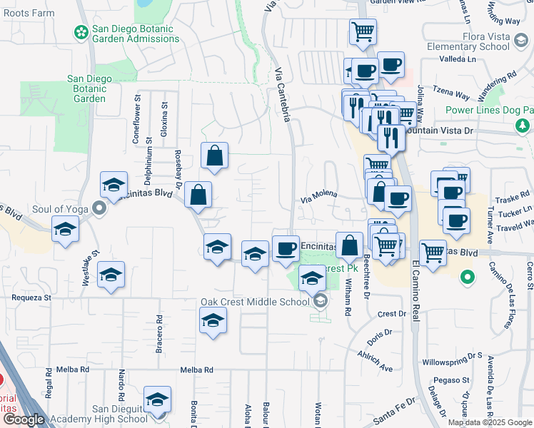 map of restaurants, bars, coffee shops, grocery stores, and more near 241 Seeman Drive in Encinitas