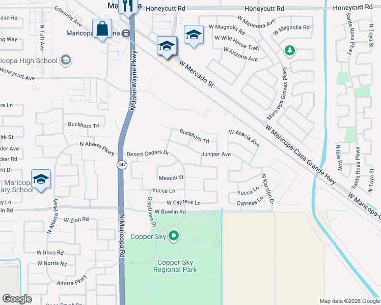 map of restaurants, bars, coffee shops, grocery stores, and more near 44191 Juniper Avenue in Maricopa