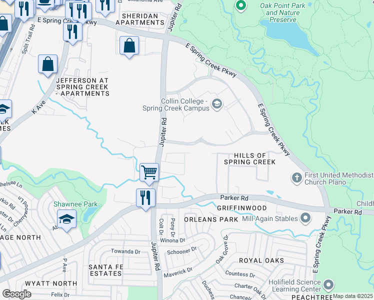 map of restaurants, bars, coffee shops, grocery stores, and more near 2437 Fieldlark Drive in Plano
