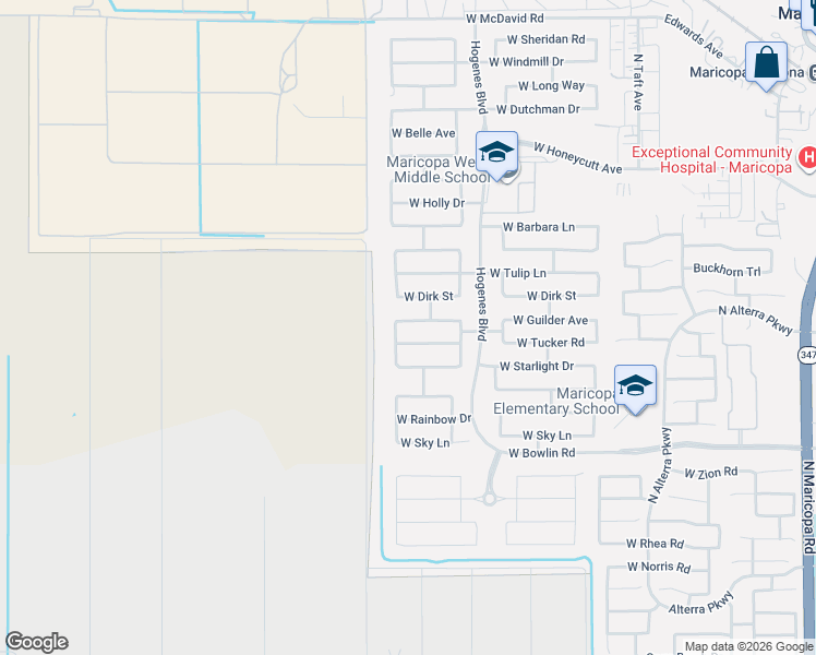 map of restaurants, bars, coffee shops, grocery stores, and more near 46100 West Guilder Avenue in Maricopa