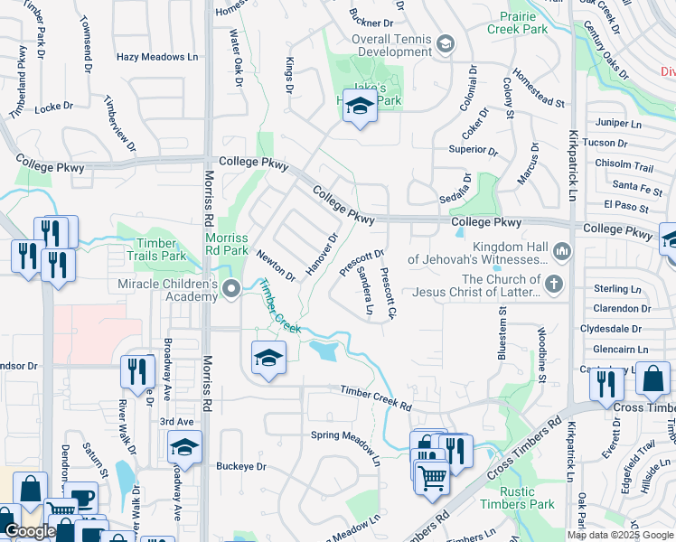 map of restaurants, bars, coffee shops, grocery stores, and more near 1745 Prescott Drive in Flower Mound