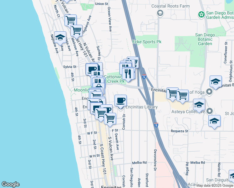 map of restaurants, bars, coffee shops, grocery stores, and more near 338 Vista Del Rey Drive in Encinitas