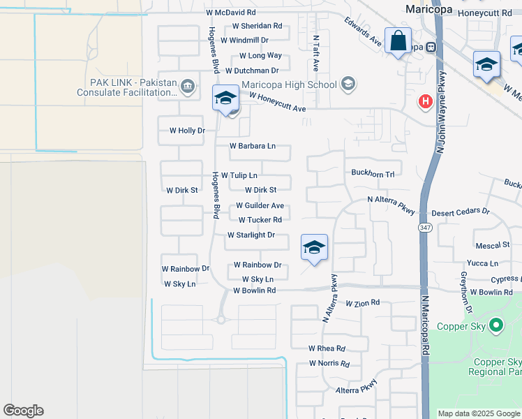 map of restaurants, bars, coffee shops, grocery stores, and more near 45625 West Guilder Avenue in Maricopa