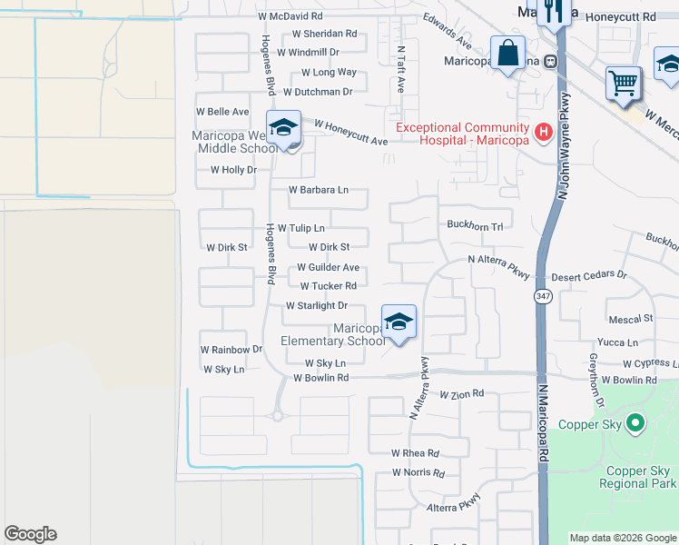 map of restaurants, bars, coffee shops, grocery stores, and more near 45583 West Guilder Avenue in Maricopa