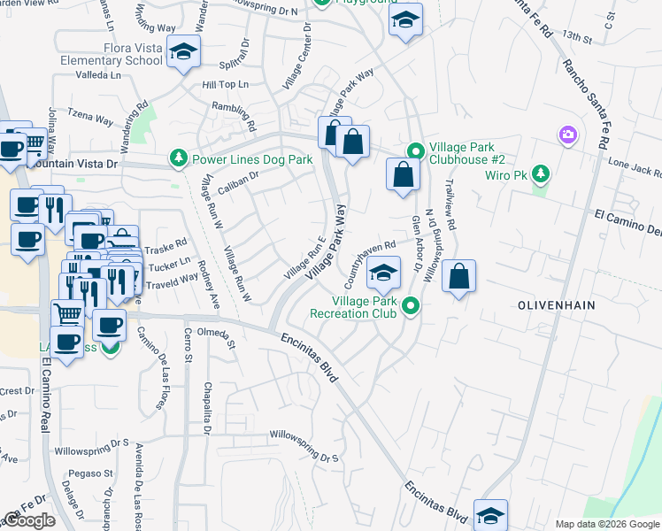 map of restaurants, bars, coffee shops, grocery stores, and more near 140 Countrywood Lane in Encinitas