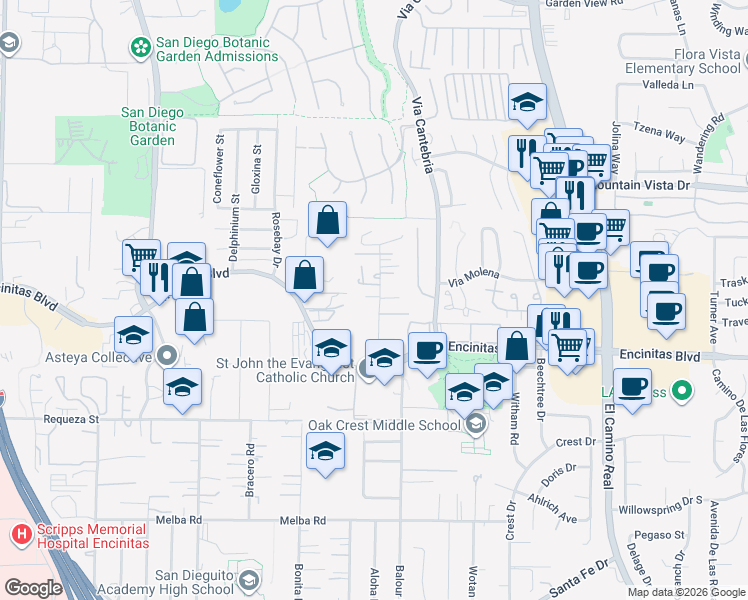 map of restaurants, bars, coffee shops, grocery stores, and more near 230 Seeman Drive in Encinitas