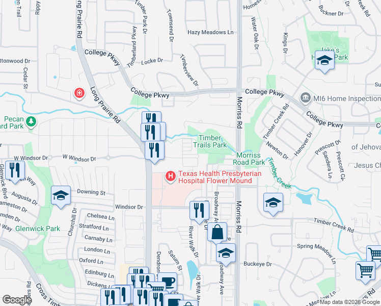 map of restaurants, bars, coffee shops, grocery stores, and more near 2437 Springhill Avenue in Flower Mound