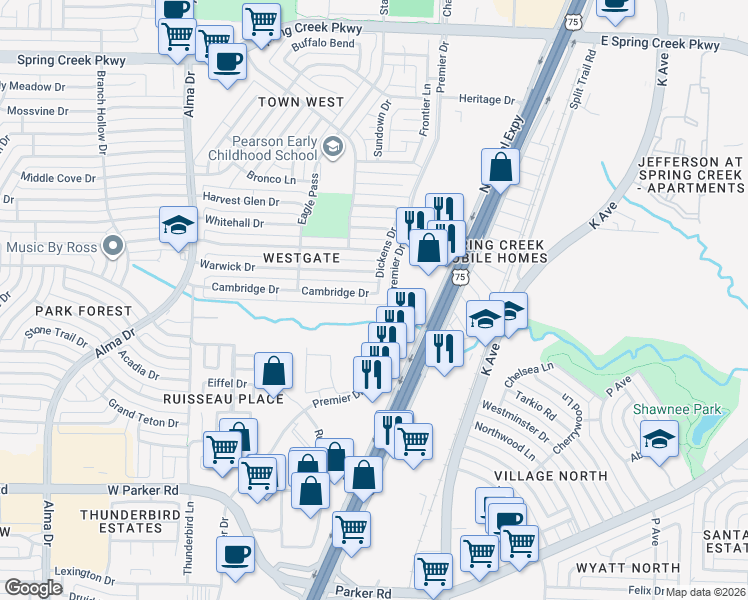 map of restaurants, bars, coffee shops, grocery stores, and more near 700 Cambridge Drive in Plano