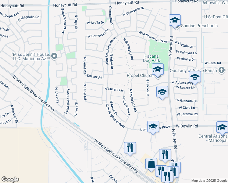 map of restaurants, bars, coffee shops, grocery stores, and more near 42243 W Lucera Ln in Maricopa